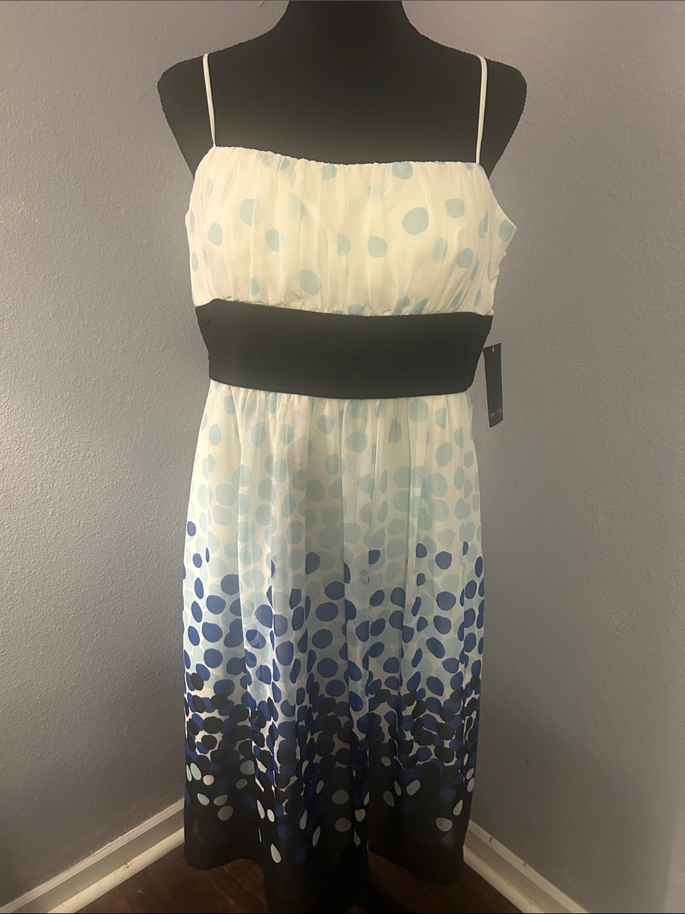 Max and Cleo Spaghetti Strap Polka Dot Ombre White Blue Maxi Dress Size 14